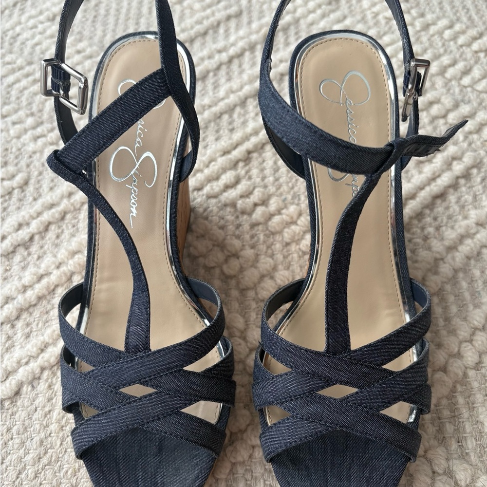 Jessica Simpson Denim Strappy Sandals with Wedge Heel